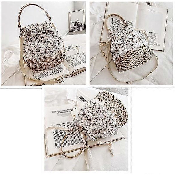 Flowers Straw Väska Crossbody Väska Korgväska Kvinnor Flickor Dragsko Spets Vävd Handväska Sommar Strandväska Rattan Boho Semester Hink