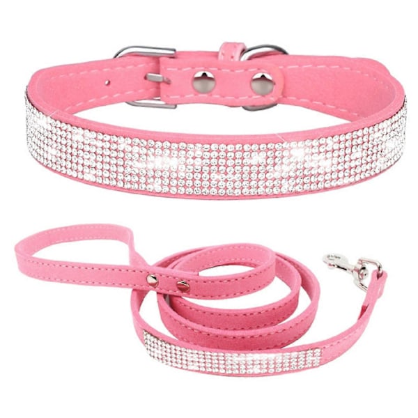 Justerbart Hundehalsbånd i Lær og Semsket Skinn med Bling, Hundehalsbånd for Små Hunder, Rosa Hundehalsbånd Kattehalsbånd, Rhinestone Hundehalsbånd -GSLA a5 61x3.0CM