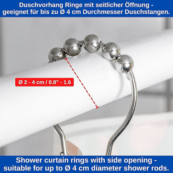 Duschdraperiringar i rostfritt stål - Set om 12, kraftig metall, 7 cm diameter