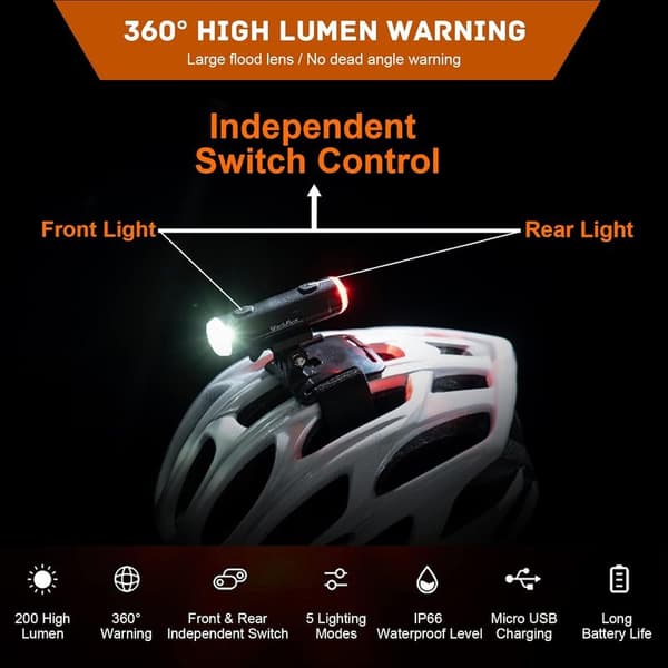 Hjelmlys foran og bak til sykkel, opptil 200 lumen, 5 blinkende lysmoduser, vanntett ridehjelmlys, USB oppladbart