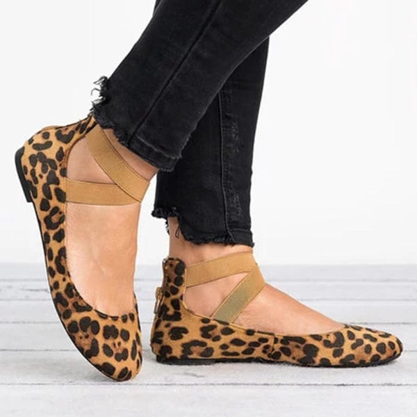 Leopard-kuvioiset nilkkaremmit balettitossut sandaalit matalakantaiset vetoketjulliset kengät naisille
