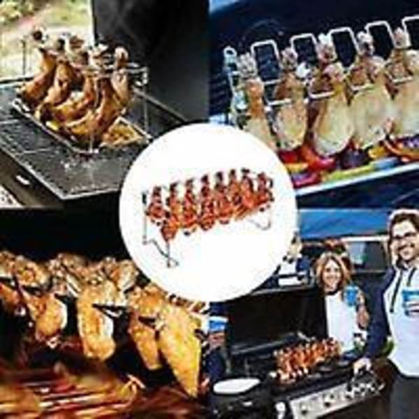 Kyllingebenstativ i rustfrit stål til ovn og udendørs grill, rummer op til 14 ben, tåler opvaskemaskine