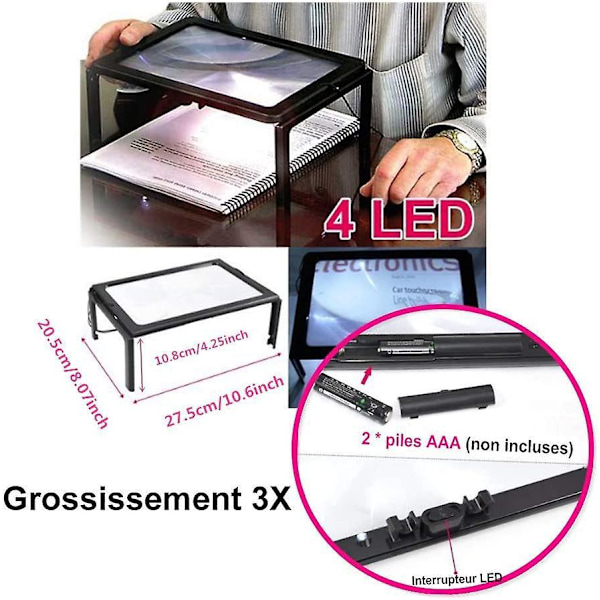 Handsfree A4 helsidesförstorare med 4 LED-lampor, 3x förstoring - Perfekt för äldre och synskadade