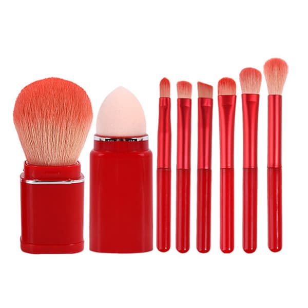 8 stk. makeupbørstesæt, bløde børster, udtrækkelig pudderbørste, mini bærbare makeupbørster til rejser, vinrød