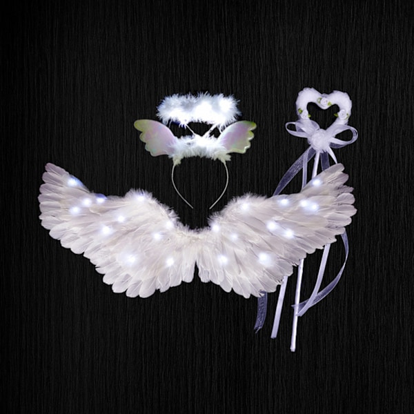 Luminous White Feather Scen Wings - Svalform, medelstor (80*40 cm), set i tre delar
