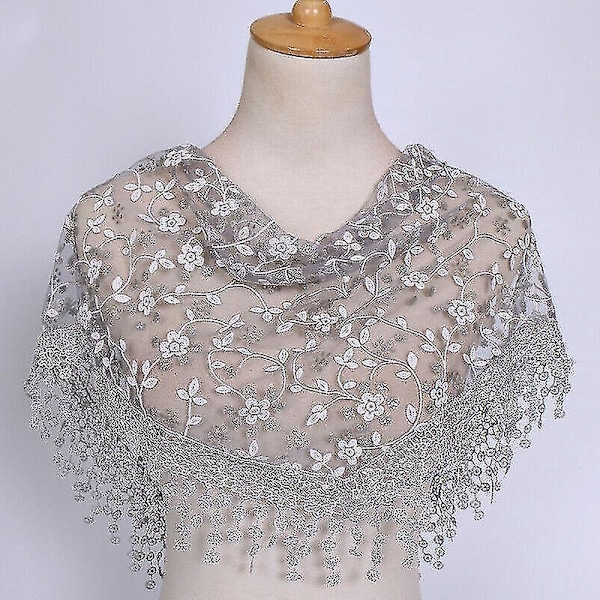 Elegant Lace Floral Triangle Veil Church Mantilla Scarf Shawl Wrap - UK-9 grey