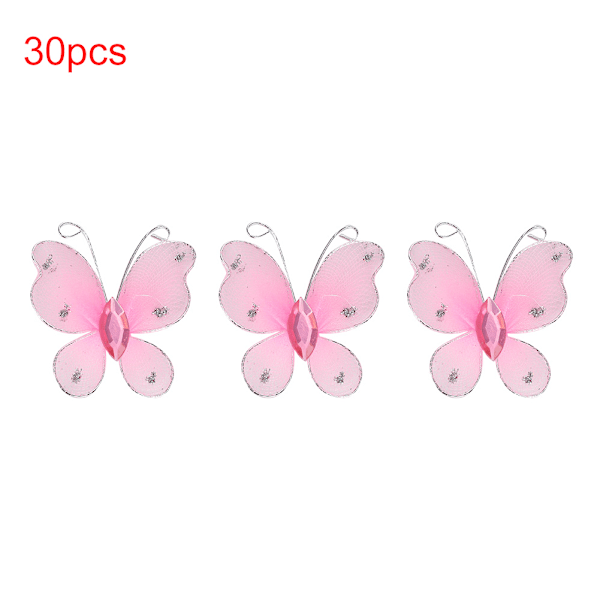 30pcs Wired Mesh Glitter Butterflies with Artificial Gem DIY Handmade Crafts for Weeding Party Home DecorationPink