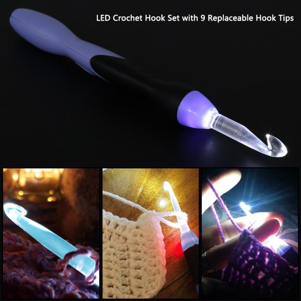 USB Genopladelig LED Light Up Hæklenål Sæt strikkeværktøj med udskiftelige spidser 2,5-6,5 mm