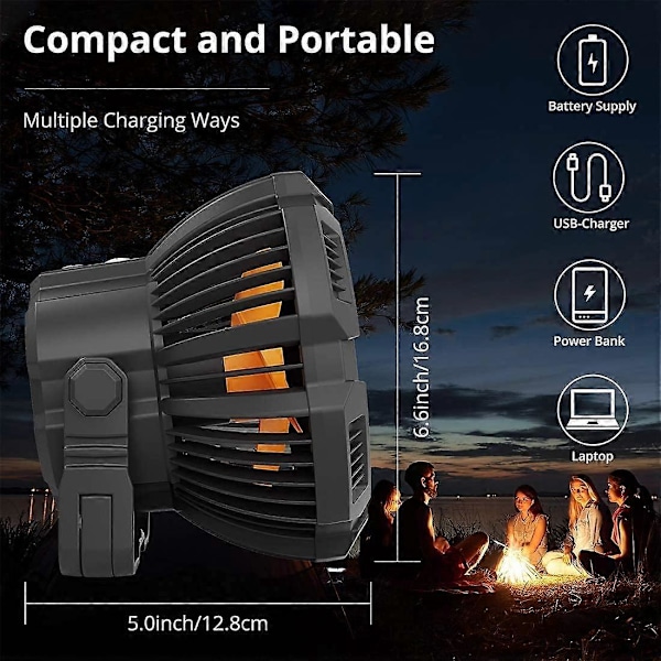 Hiljainen kannettava tuuletin ladattavalla akulla LED-valolla, USB-retkeilytuuletin pyörivällä koukulla, 3 nopeuden säätö kaukosäätimellä ulko- ja sisäkäyttöön T