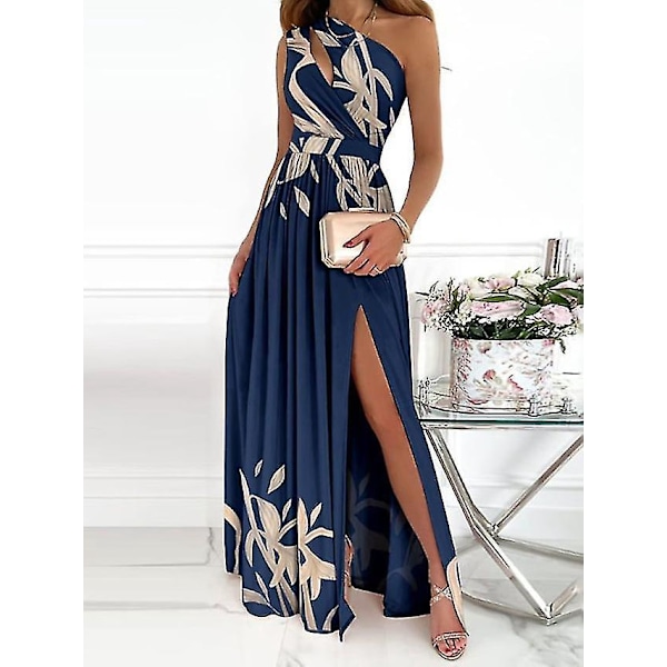 Women's Sleeveless Floral Print Swing Maxi Party Dress L Blue