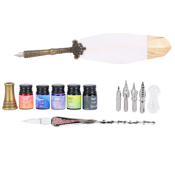 Kalligrafi Pen Set Glas Bläck Fjäder Fountain Pen med Utbytbart Spets Skriv Present Box KitSP118839 Guldhuvud Rosa
