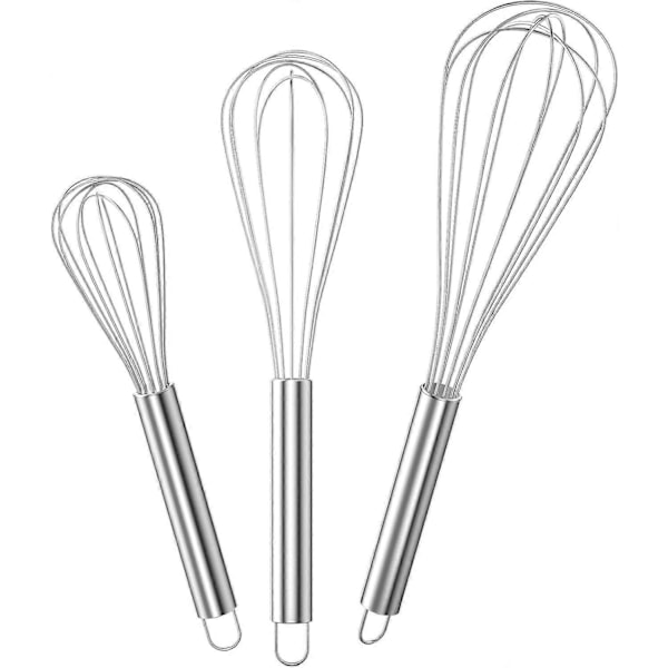 3 stk. Sølv Profesjonell Kjøkkenvisp i Rustfritt Stål, Manuell Eggvisp Inneholder 21cm, 26cm, 29cm, Visp for Blanding, Røring av Deig, Egg, Pisking