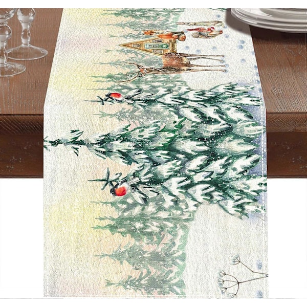 Julebordløper med hjort og trær, sesongbasert vinter julekjøkken spisebord dekorasjon, julehvit grønn linpute (183x33 cm)