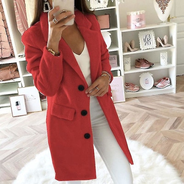 Damtröja i Teddybjörn-fleece, lång, röd, vintertrenchcoat, 3XL