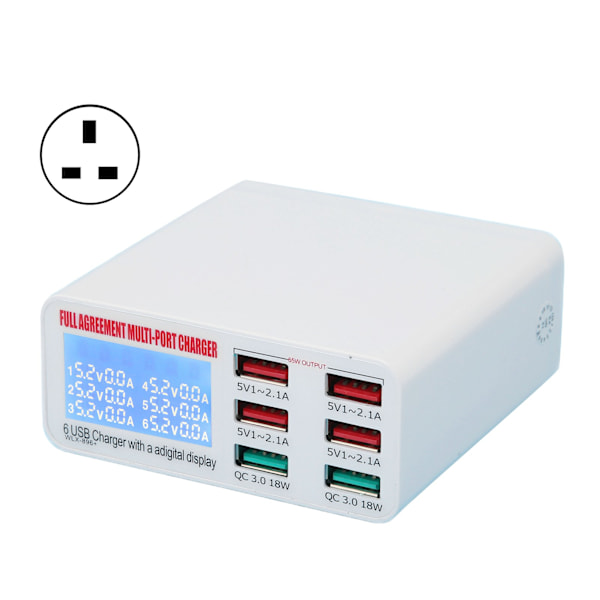 QC3.0 Multi USB Vægoplader 6 Muti Port USB Adapter Strømstik Hurtigopladningsblok Cube med LED-display 100‑240VUK Stik