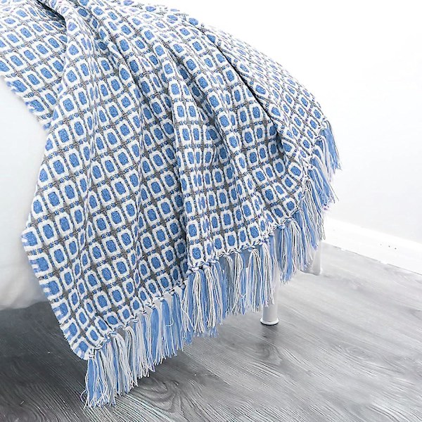 Bohemian ternet strikket tæppe med frynser - blødt og varmt senge- eller sofatæppe - blåt dekorativt sengetæppe 130x170 cm