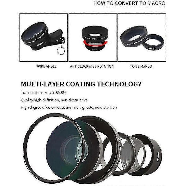 Fisheye-telefonlins, 0,45X telefon med HD-kameralins, makroklämma, vidvinkellins kompatibel med mobil