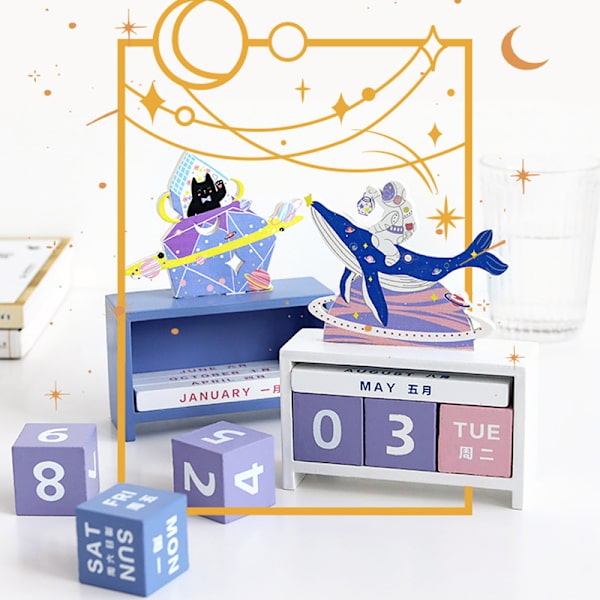 Skrivbordskalender i trä, heminredning, evighetskalender, manuell, återanvändbar, blockpresent, presenttyp 4, ingen väska
