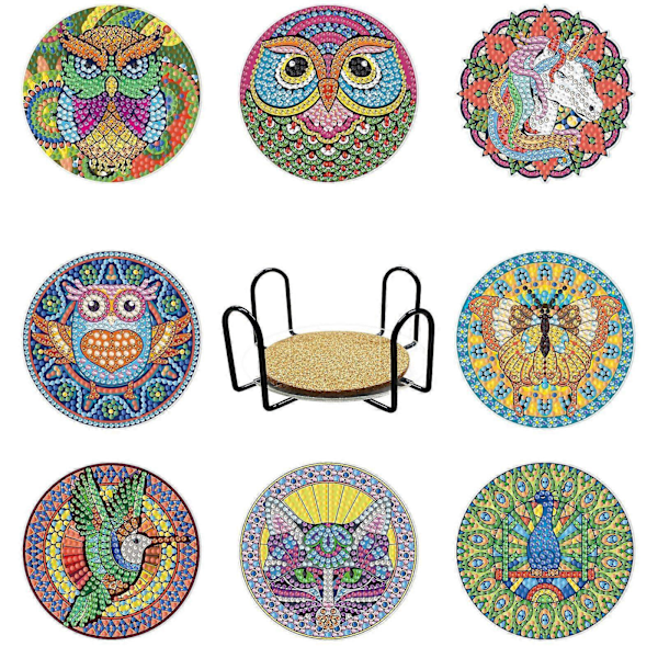 8 kpl Timanttitaide Lasinaluset Jalustalla, 10*10cm Askartelutarvikkeet Aikuisille Timanttimaalaussarjat, DIY Mandala Lasinaluset Askarteluun