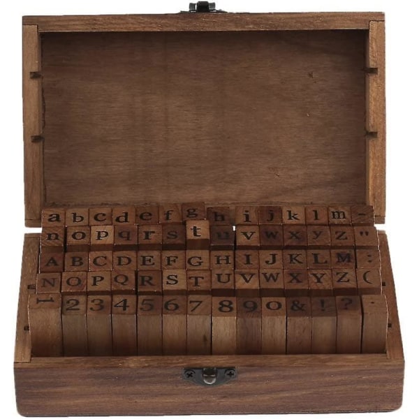 70-delt gummialfabet og talstempelsæt i trææske - håndværksstemplere med bogstaver og symboler