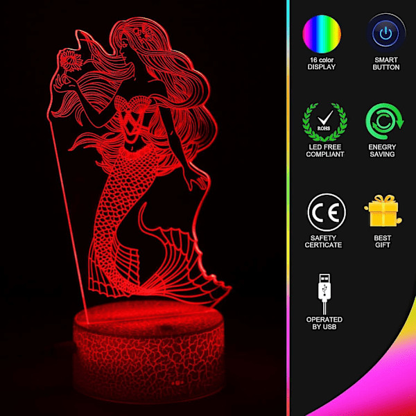 Havfruegaver til piger, 3D Havfrue Natlampe med 7 Farve Natlys Touch Switch, Havfrue Dekoration Sengelamper til Pigeværelse, Havfruelegetøj