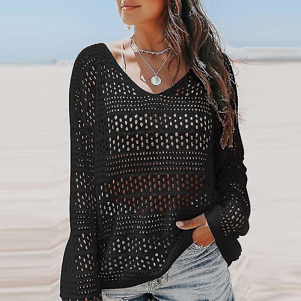 Enfärgad V-ringad spetsvirkad bikini strandkläder coverup för kvinnor XL svart