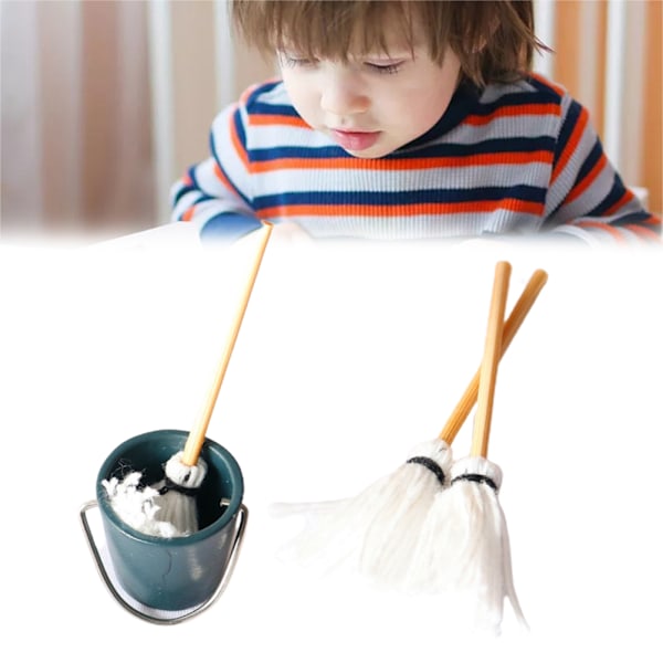 Dukkehuse Miniature Mop Spand Dollhuse Rengøringsværktøj Realistisk Mini Mop Spand Sæt Køkken Hjem Tilbehør