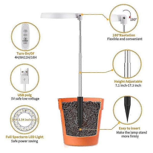 LED Växtlampa för Inomhusväxter - Halo Växtlampa med Automatisk Timer 4/8/12/18 Timmar - Idealisk för Bonsai och Suckulent Tillväxt