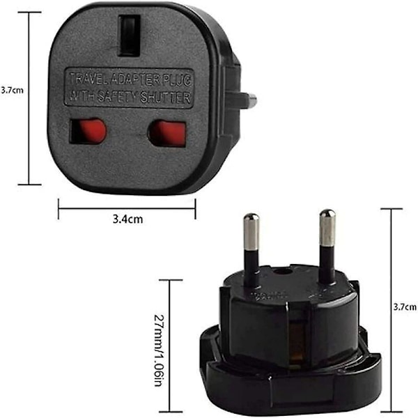 Adapter fra engelsk til fransk stikkontakt - Type G til Type C - Kompakt og lett - Overspenningsvern (2-pakning, svart)