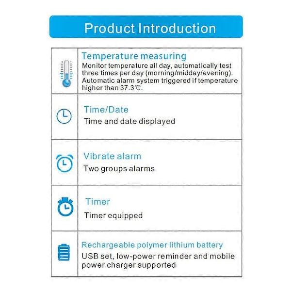 Kroppstemperaturmätare Termometer Vibrationslarm Armband Smart Armband svart