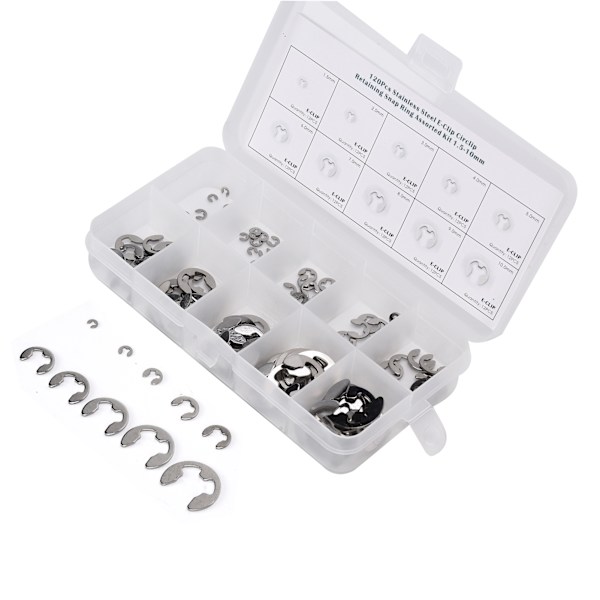120 st E-clipbricka rostfritt stål extern låsring låsring sortimentsats 1,5 mm–10 mm