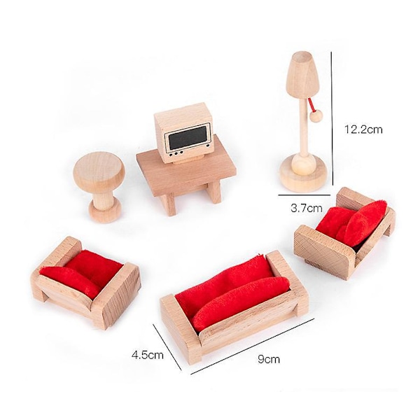 Trädockhusmöbler Set Vardagsrum Soffa TV-Skåp Kaffebord Miniatyr Dockhus Tillbehör