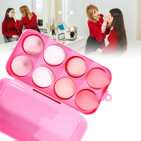 8-delad skönhetssvampset mjuk elastisk hydrofil polyuretan kosmetisk sminkpuff med förvaringslåda rosa