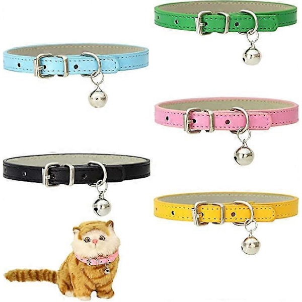 5-delars kattläderhalsband med bjällra (rosa, gul, svart, grön, ljusblå), justerbart och slitstarkt metallspänne, litet katthalsband, kattdjurhalsband, s