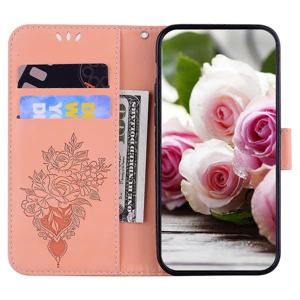 Fodral for Samsung Galaxy A41 med sommerfuglrose-preget skinn Pink