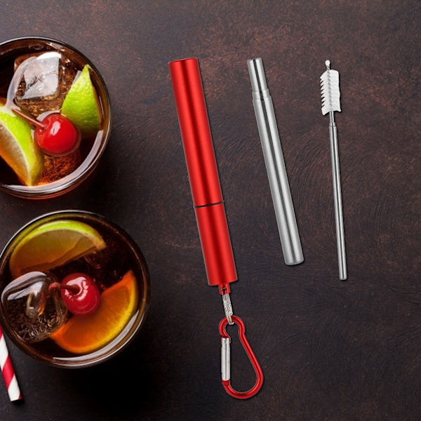 Retractable Stainless Steel Reusable Straw Kit(Red Aluminum Case Straw + Brush Carabiner )
