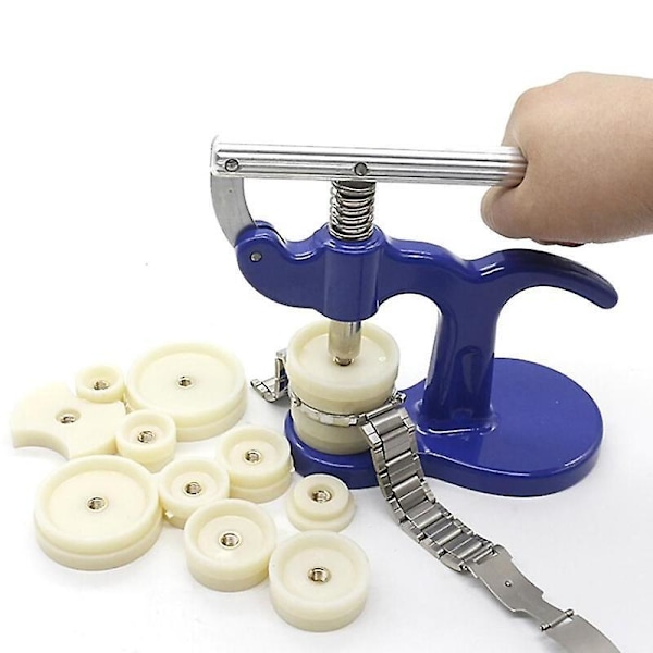 Komplett kit kompatibelt med klockreparation, med stift-/urmakarpress och 12 stansar inkluderade