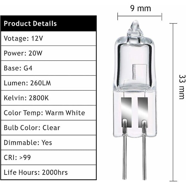 G4 Halogenpærer, G4 Halogen Pin Base Lampe 12V 20W, 2800K Dimbar Varmhvit G4 Klar Kapsel Lampe 20 Pakning