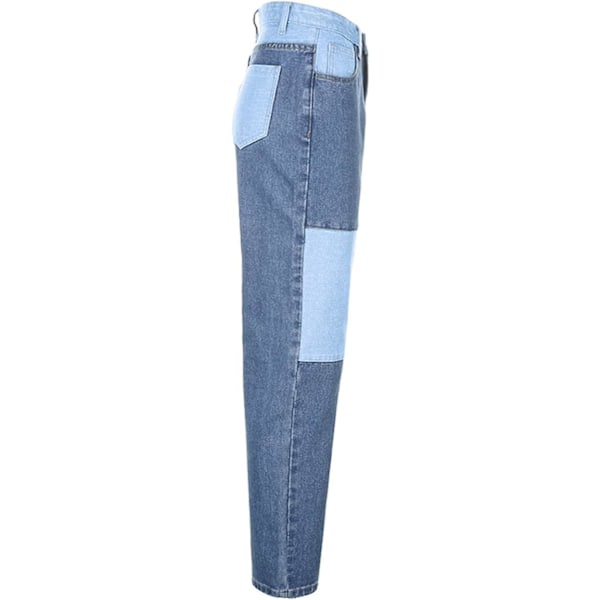 Patchwork Jeans för Dam Hög Midja Raka Stretch Jeans Flickor Mode Färgblock Patchwork Jeans blå xl