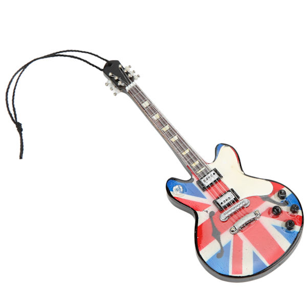 Musikkinstrumentanheng i britisk flagg-stil, gitarform i tre, utsøkt vakker, fin detaljert minianheng