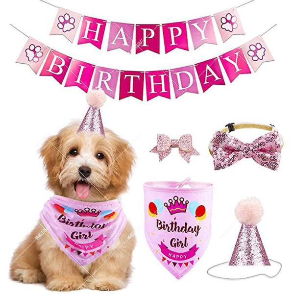 Rosa set för katter och hundar med triangelhalsdukar, hatt, fluga och banderoll - festdekor för hund- eller kattfödelsedag