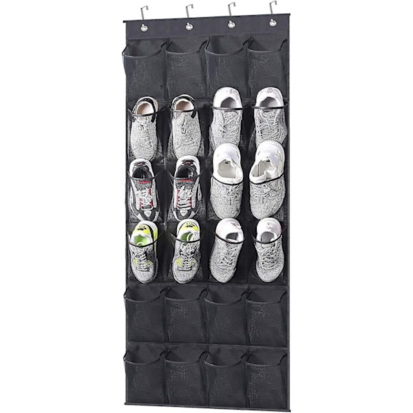 Neat and Organized: Over Door Hanging Shoe Organizer with 24 Large Mesh Pockets (Black)