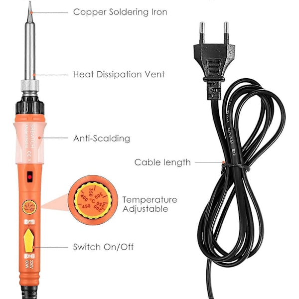 Lödkolv 60W Precision Elektrisk Lödsats med ON/OFF-brytare Justerbar Temperatur 200~450 5 Lödspetsar, Lödtråd, Lödkolv