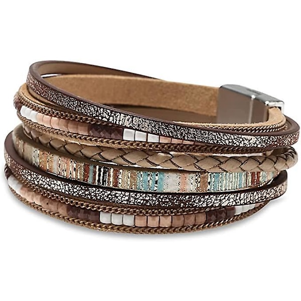 Boho Leopardskinnsarmband i Läder för Kvinnor, Flerskiktad med Kristallpärlor, Armbandssmycke