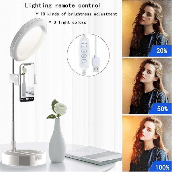 LED Ringlys Sammenleggbart Fyllys med Speil Mobiltelefonholder med 3 Lysmoduser Skalerbar