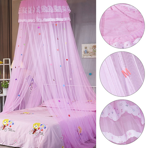 Pyöreä katollinen pitsiprinsessatyylinen hyttysverho lapsen sänkyyn (vaaleanpunainen)