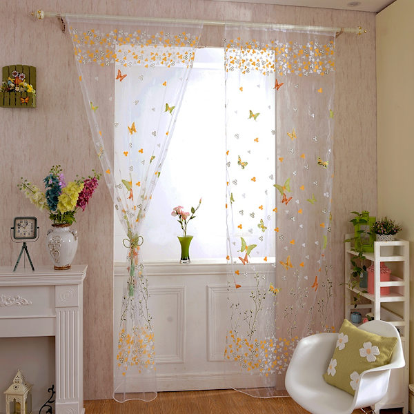 100 x 200 cm Sommerfugltrykk gjennomsiktig vintage broderi Voile vinduspaneler gul og grønn
