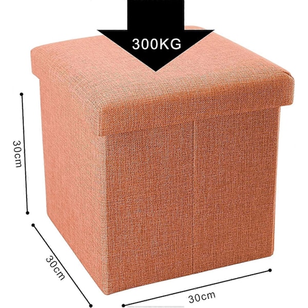 Foldbar Puf 30x30x30 cm i Mandarin Orange - Dekorativ Opbevaringsboks i Linned-look Stof for at Spare Plads - Skammel Bænk Sæde