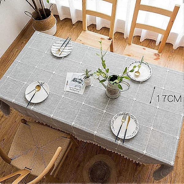 Tvättbar Bordsduk i Bomull och Linne med Toppar Rektangulär Dammtät Bordsduk för Köksdekoration (Grå Rutig, Fyrkantig, 140x140cm, 4 Sittplatser)