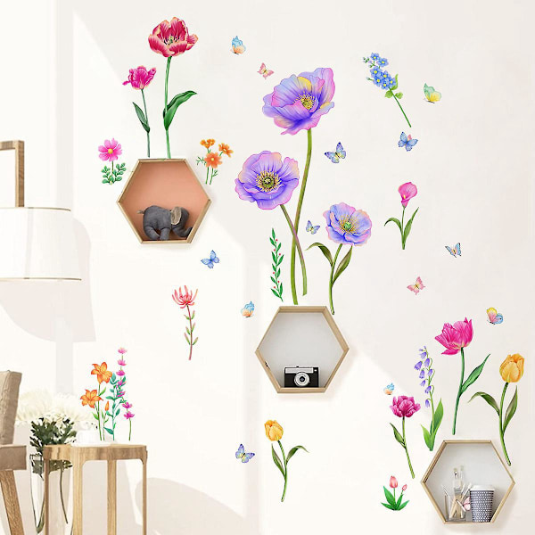 En uppsättning väggdekaler Trädgårdsblommor Växter Fjärilar Väggdekor för Babyflickas Sovrum Vardagsrum Kontor